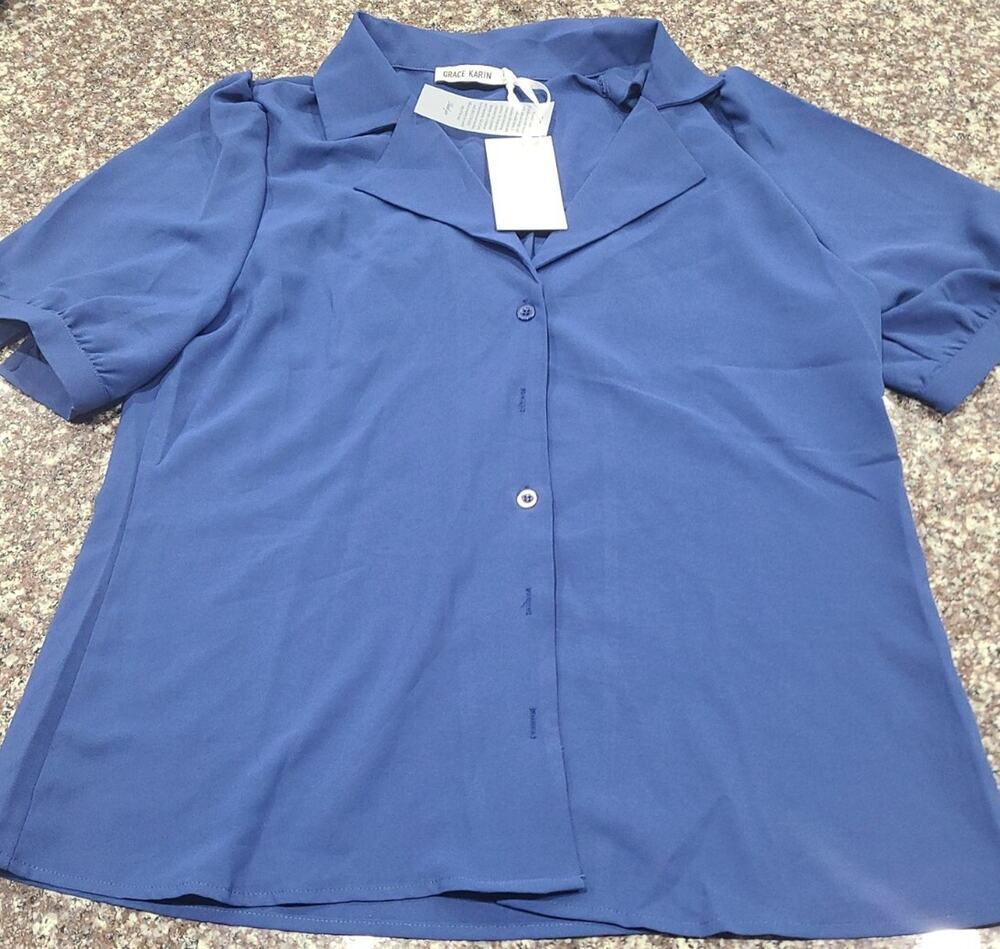 NEW Grace Karin Women's Blue Short Sleeve Career Work Button Down Shirt Size L